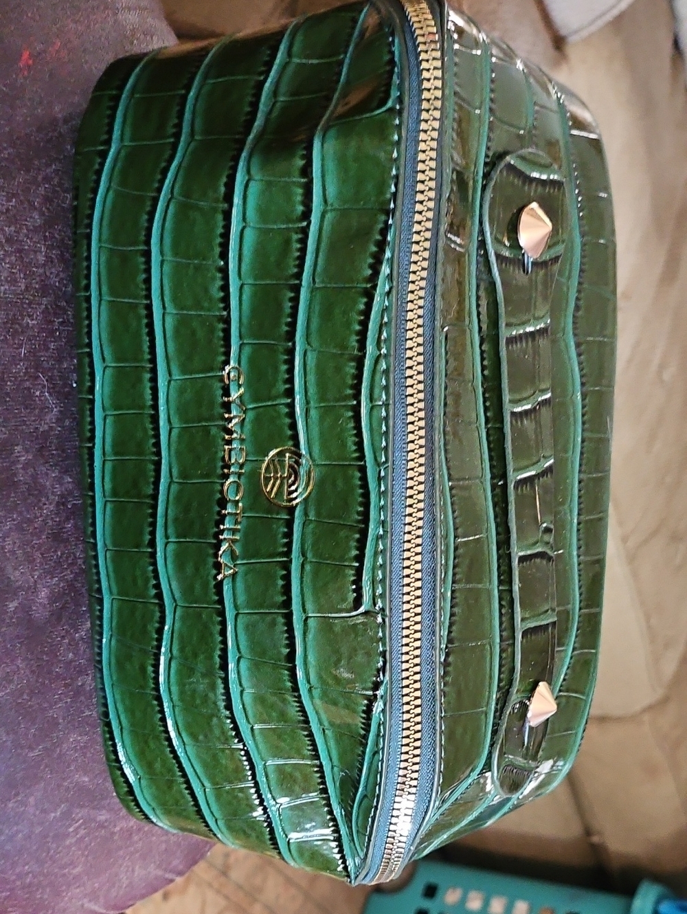 Cymbiotika Emerald Green Croc-Embossed Cosmetic Pouch with Gold Hardware